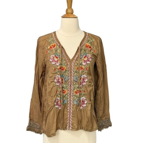 Sundance Cupro Blouse Top Brown Multicolor Floral Embroidery Boho Lace Size PXS - Picture 1 of 8